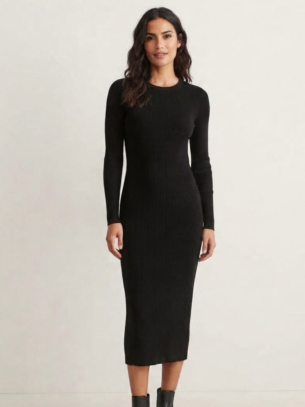 Aritzia Group Babaton Sz S Black Ribbed Minimal Stretchy Long Sleeves Midi Dr